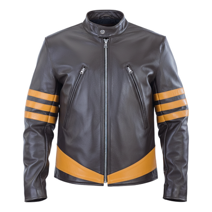 Gray leather jacket with orange accents on a white background