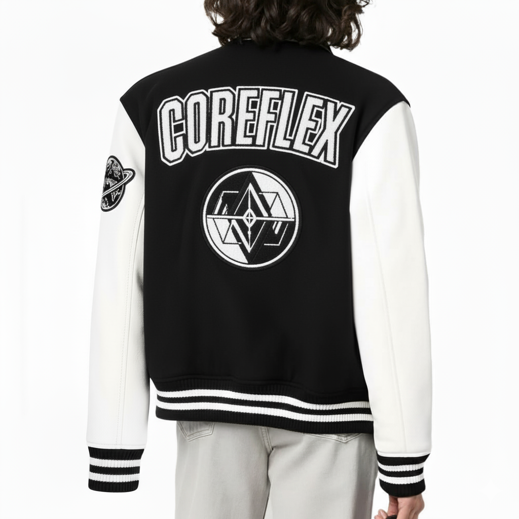 Black and white varsity jacket with 'COREFLEX' branding on the back