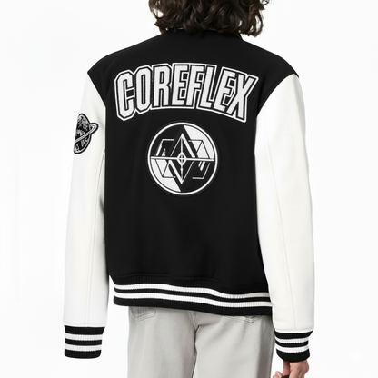 Black and white varsity jacket with 'COREFLEX' branding on the back