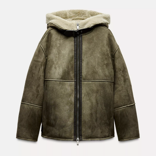 Women Shearling-Fur Hooded Double-Sided Jacket