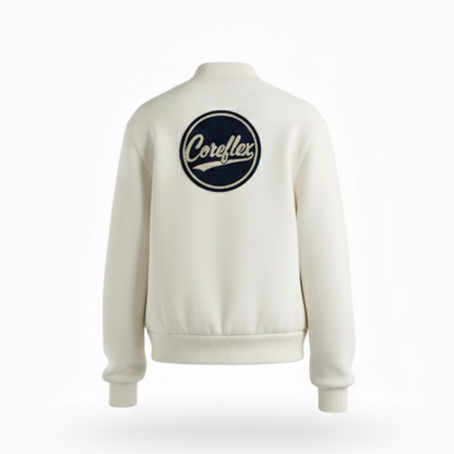 White sweatshirt with 'Coreflex' logo on the back against a white background