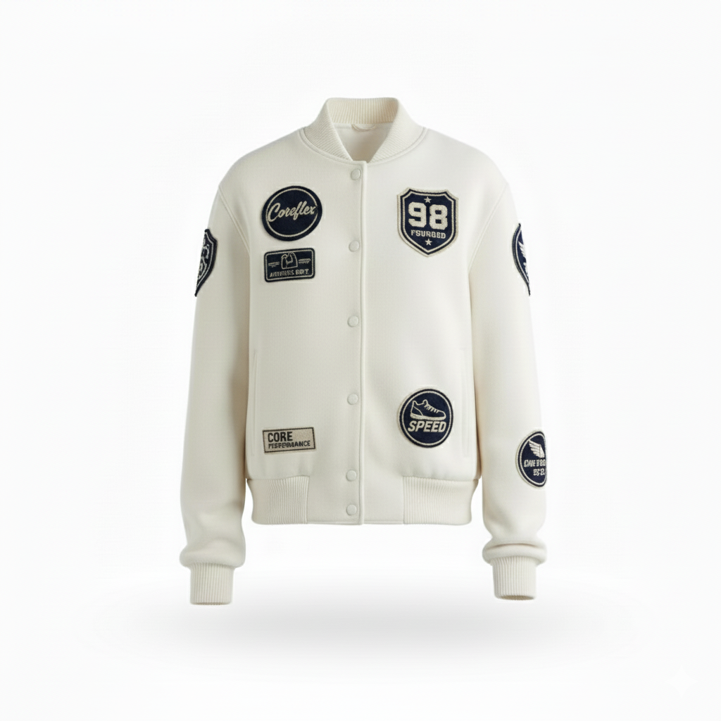 White varsity jacket with various patches on a white background