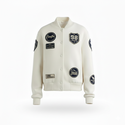 White varsity jacket with various patches on a white background