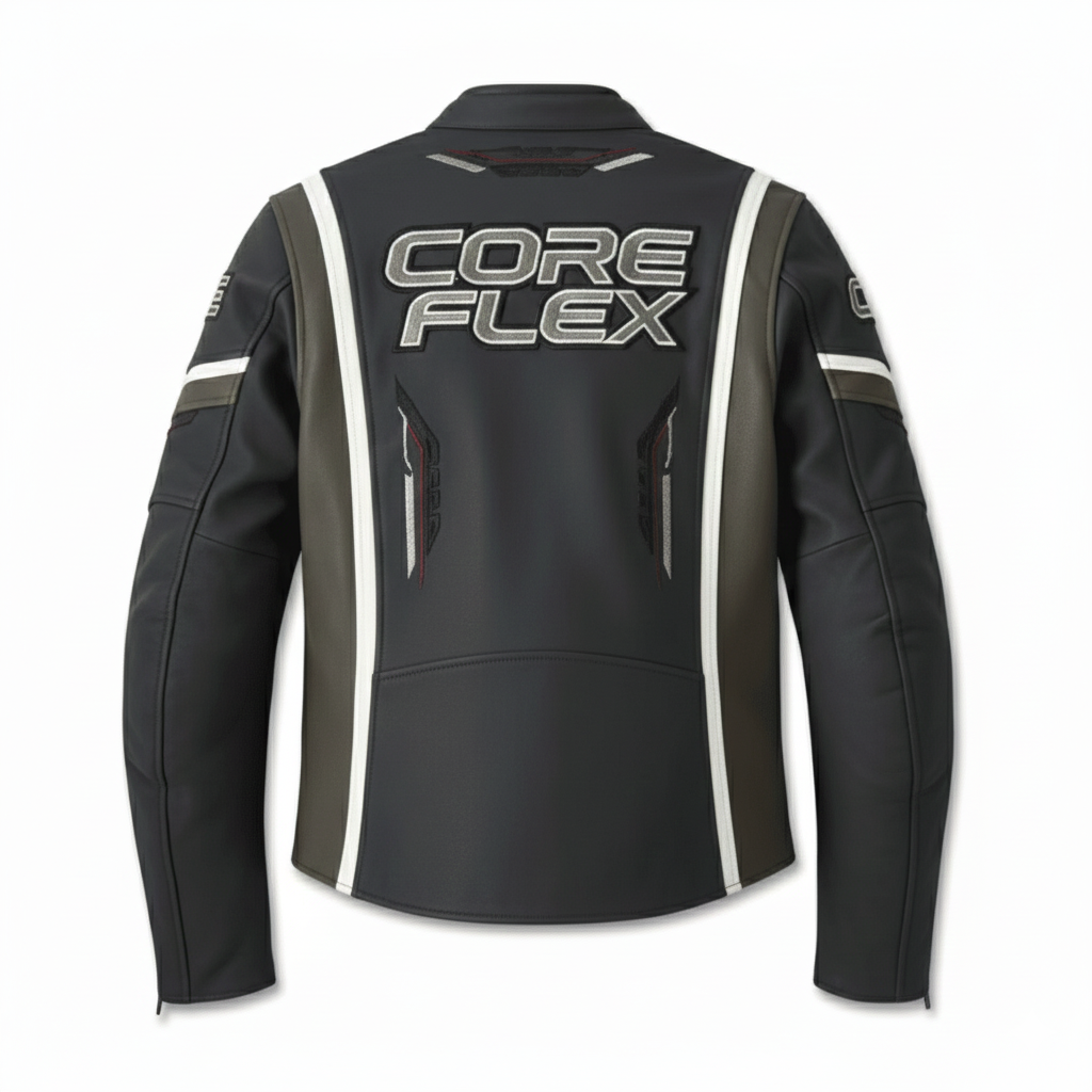 Black motorcycle jacket with 'CORE FLEX' branding on a white background