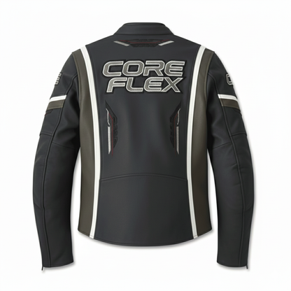 Black motorcycle jacket with 'CORE FLEX' branding on a white background
