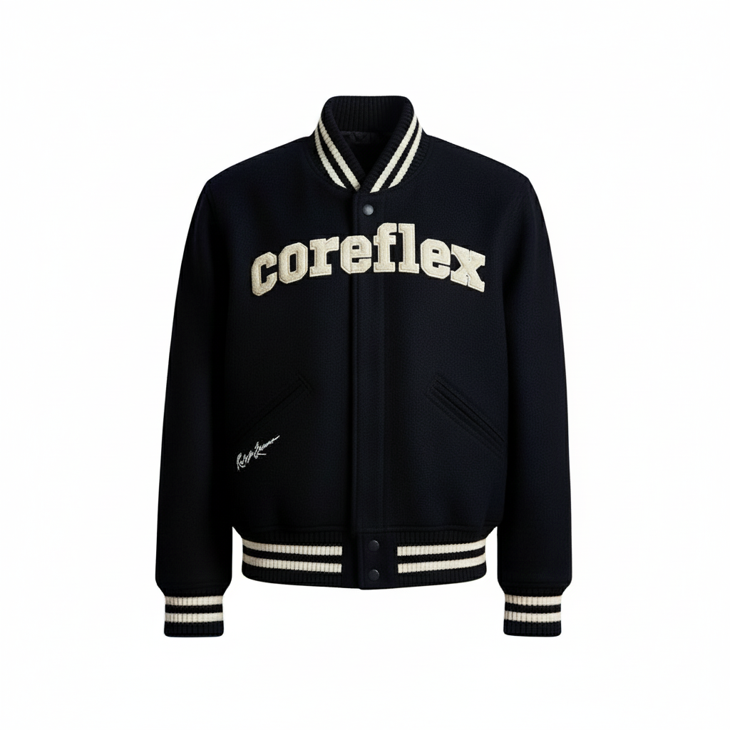 Black jacket with 'coreflex' text on a white background
