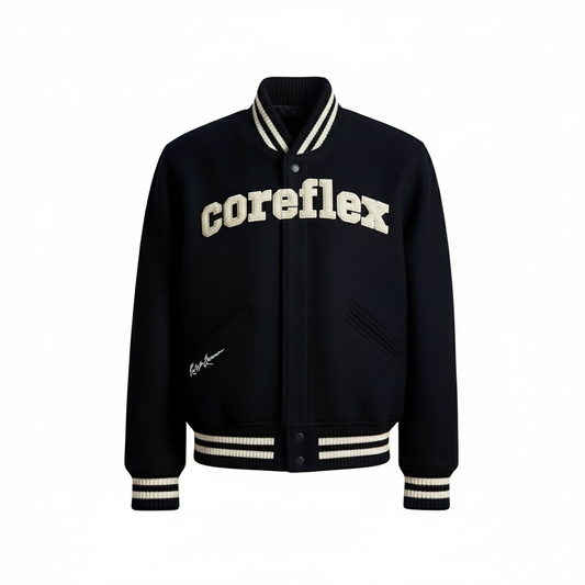 Black jacket with 'coreflex' text on a white background