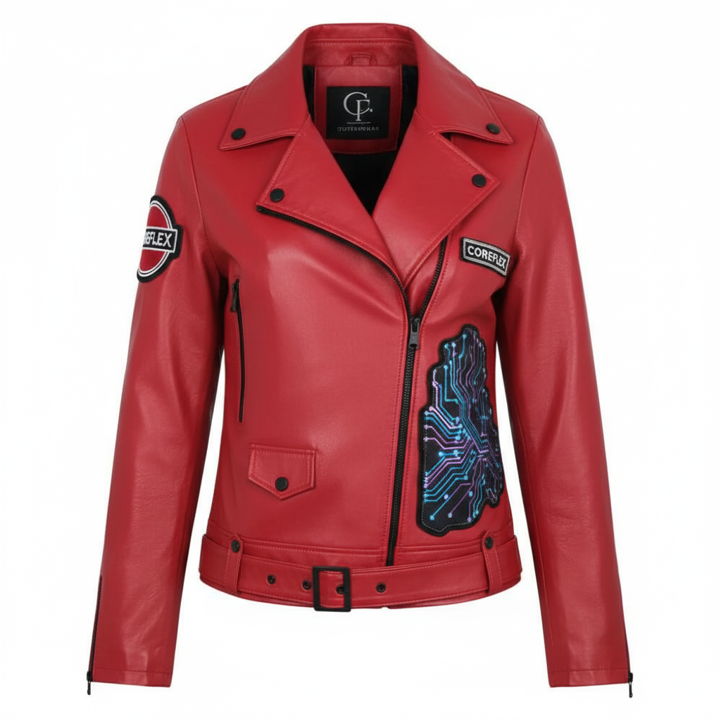 Red leather jacket with patches on a white background