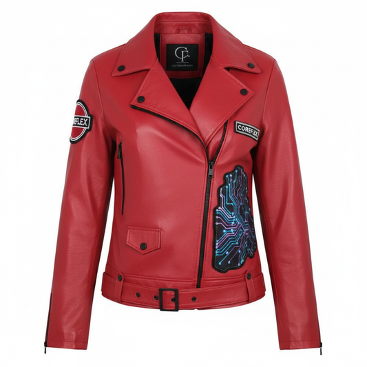 Red leather jacket with patches on a white background