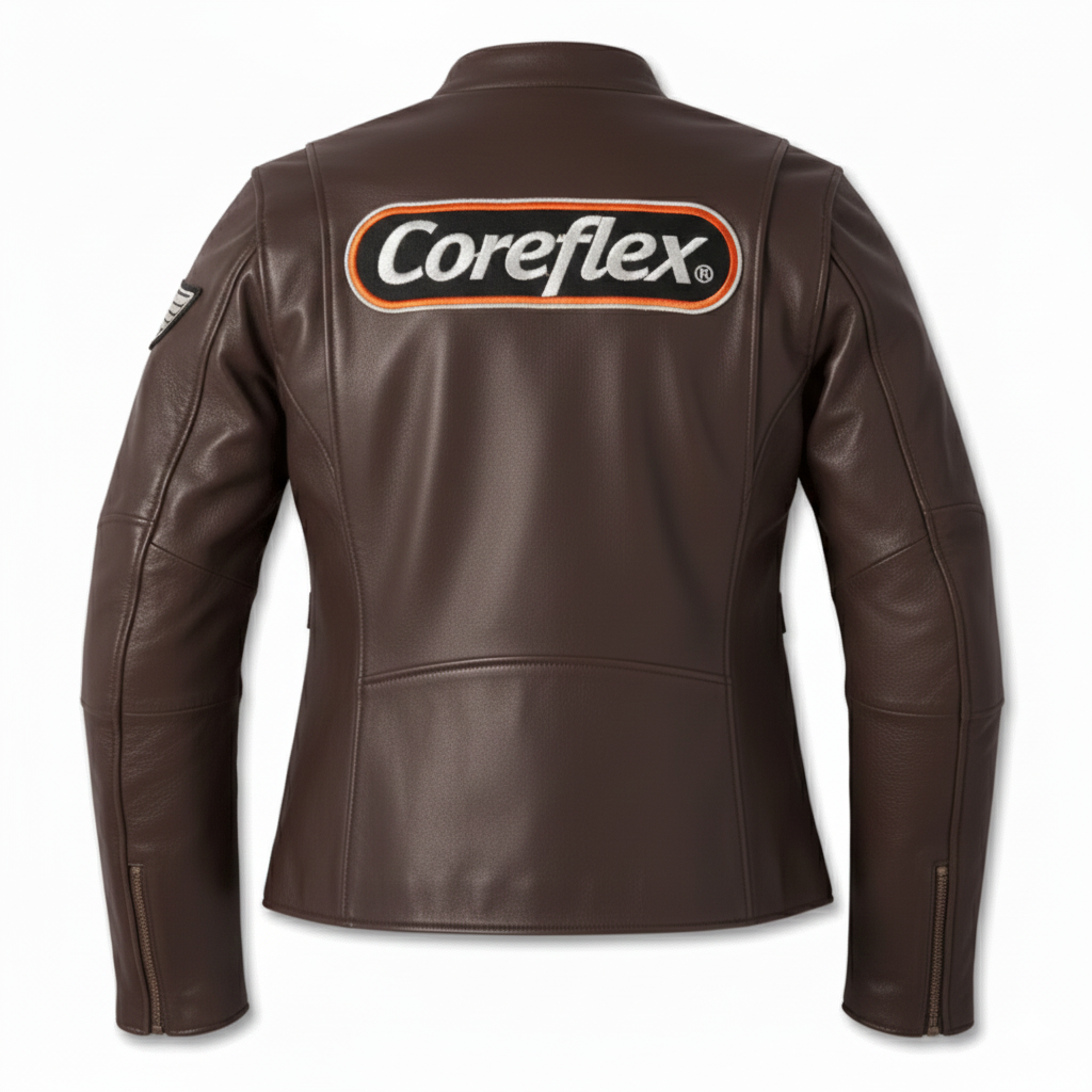 Brown leather jacket with Coreflex logo on the back against a white background