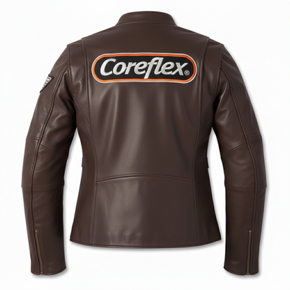 Brown leather jacket with Coreflex logo on the back against a white background
