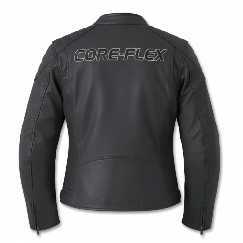 Black motorcycle jacket with 'CORE-FLEX' branding on the back against a white background