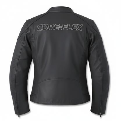 Black motorcycle jacket with 'CORE-FLEX' branding on the back against a white background