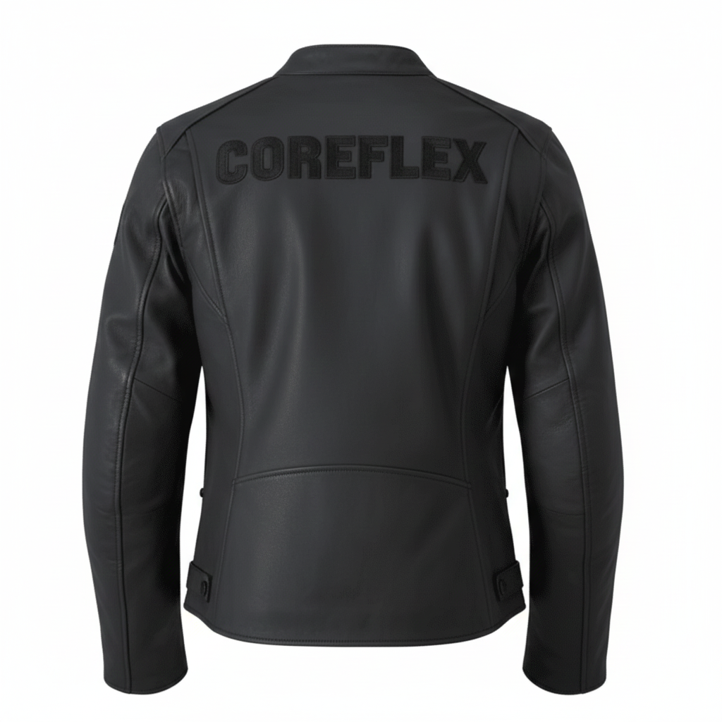 Black leather jacket with 'COREFLEX' branding on the back against a white background