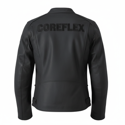 Black leather jacket with 'COREFLEX' branding on the back against a white background