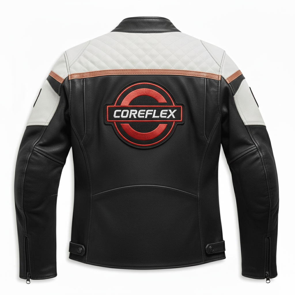 Black and white leather jacket with Coreflex logo on a white background