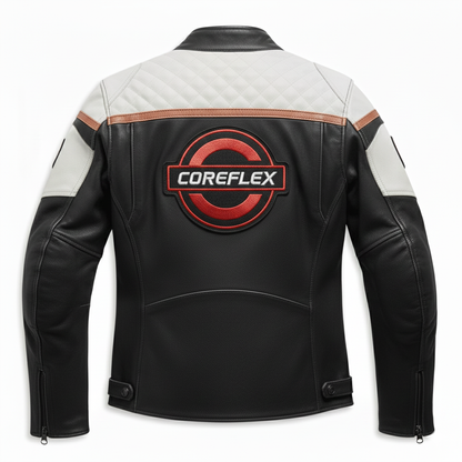 Black and white leather jacket with Coreflex logo on a white background