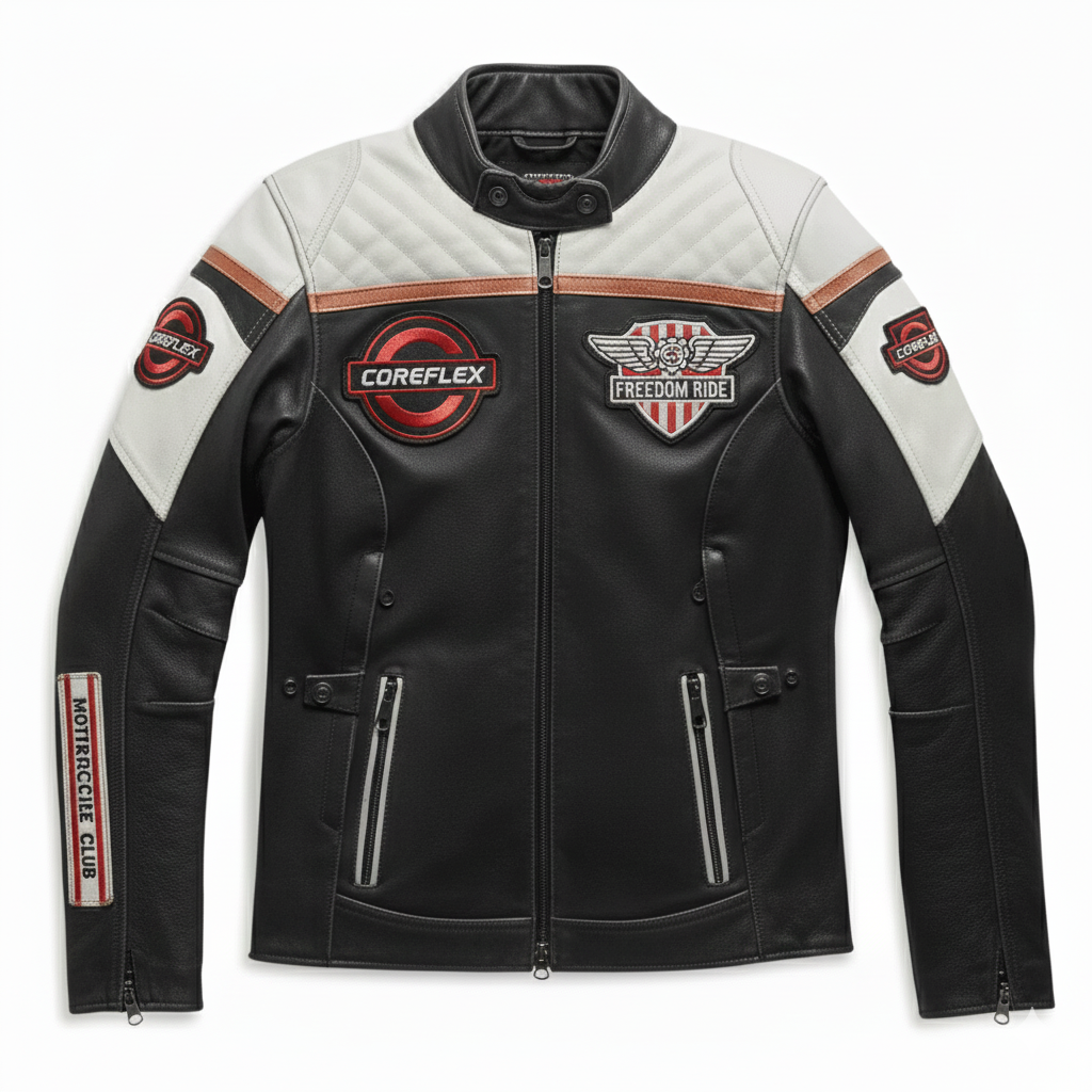 Black leather jacket with various logos on a white background