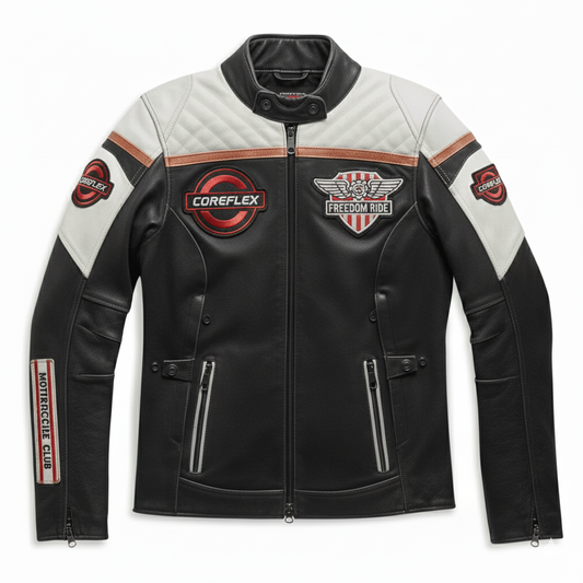 Black leather jacket with various logos on a white background