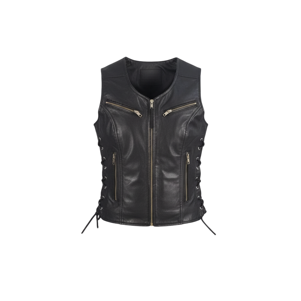 Black leather vest with gold zippers on a light gray background