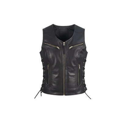 Black leather vest with gold zippers on a light gray background