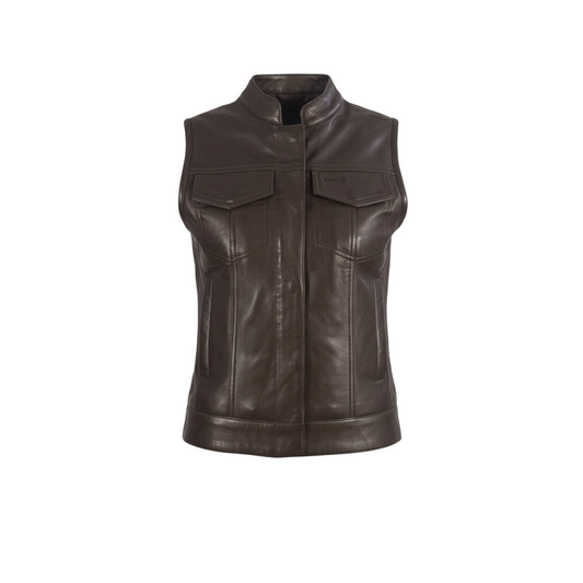 Brown leather vest on a light gray background