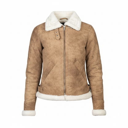 Brown shearling jacket with white collar and cuffs on a white background