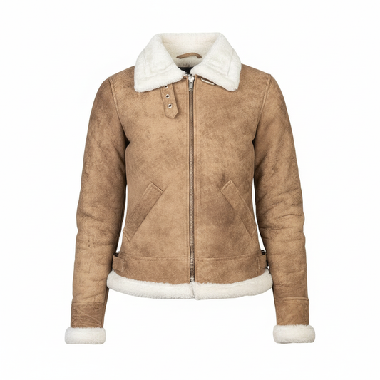 Brown shearling jacket with white collar and cuffs on a white background