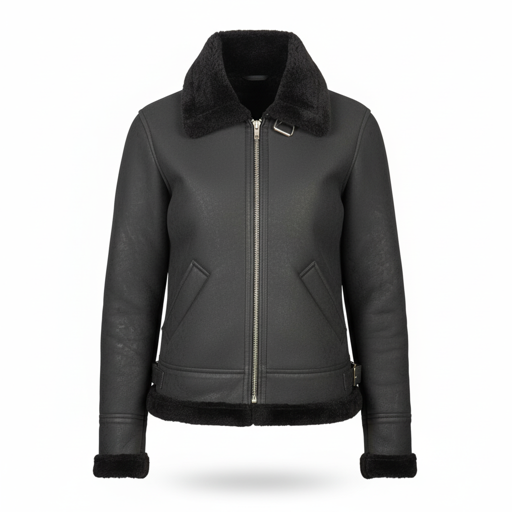 Black leather jacket with fur collar on a white background