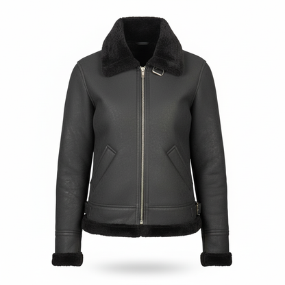 Black leather jacket with fur collar on a white background