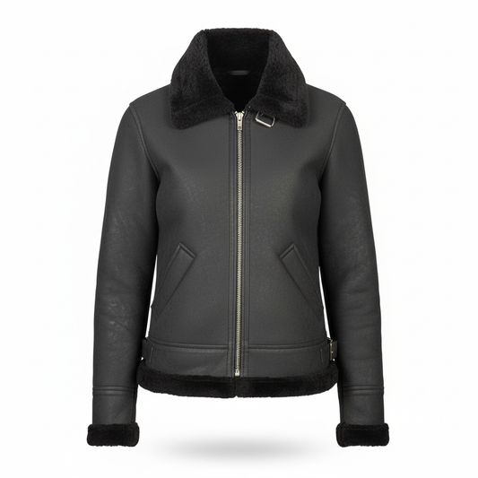 Black leather jacket with fur collar on a white background