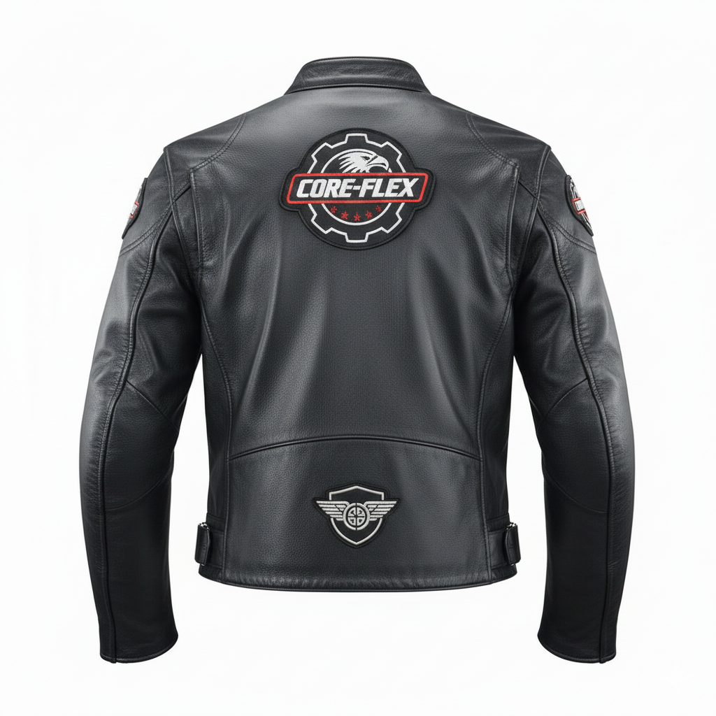 Black leather jacket with Core-Flex logo on the back against a white background