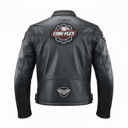 Black leather jacket with Core-Flex logo on the back against a white background