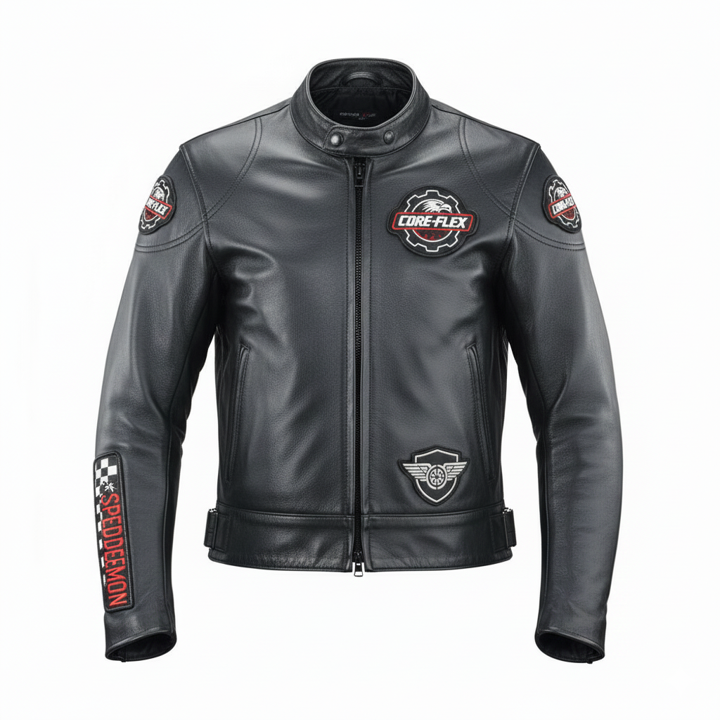 Black leather jacket with various patches on a white background
