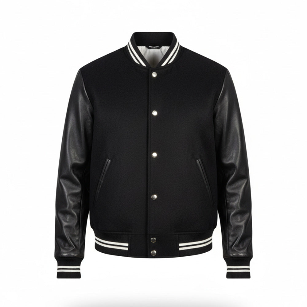 Black varsity jacket with leather sleeves on a white background