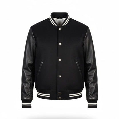 Black varsity jacket with leather sleeves on a white background