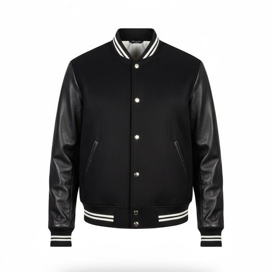 Black varsity jacket with leather sleeves on a white background