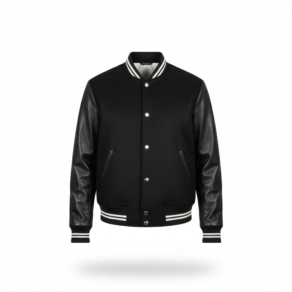 Black varsity jacket with leather sleeves on a white background