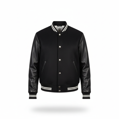 Black varsity jacket with leather sleeves on a white background