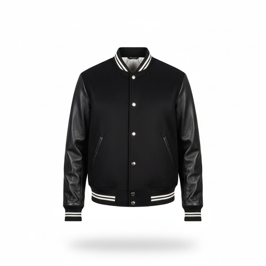 Black varsity jacket with leather sleeves on a white background