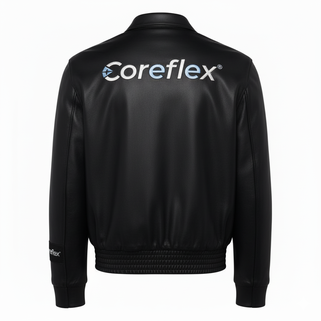 Black jacket with Coreflex logo on the back against a white background