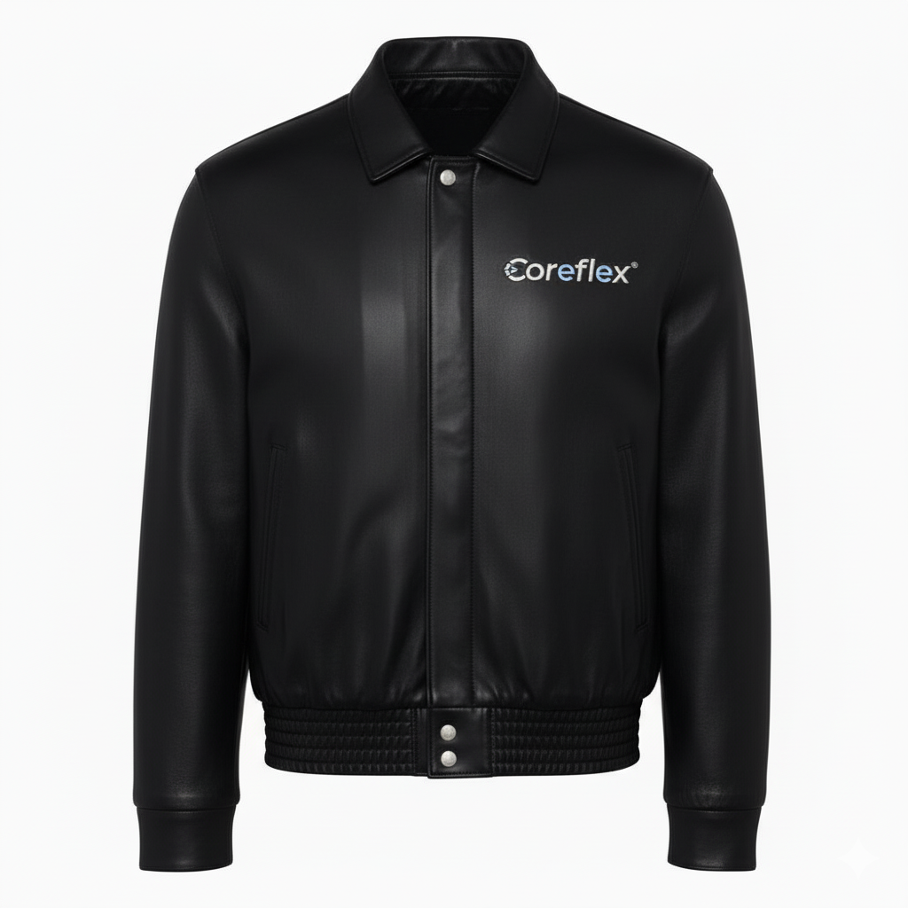 Black leather jacket with 'Coreflex' logo on a white background