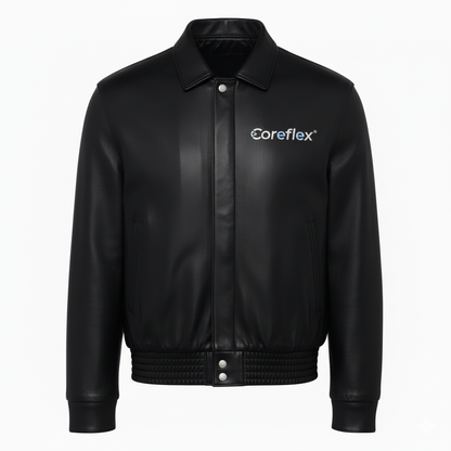 Black leather jacket with 'Coreflex' logo on a white background