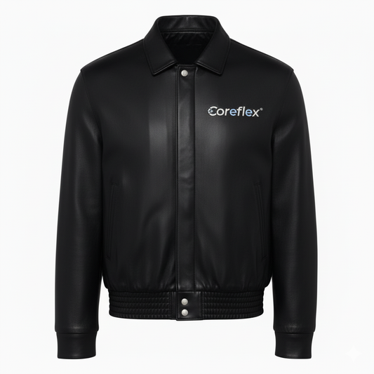 Black leather jacket with 'Coreflex' logo on a white background