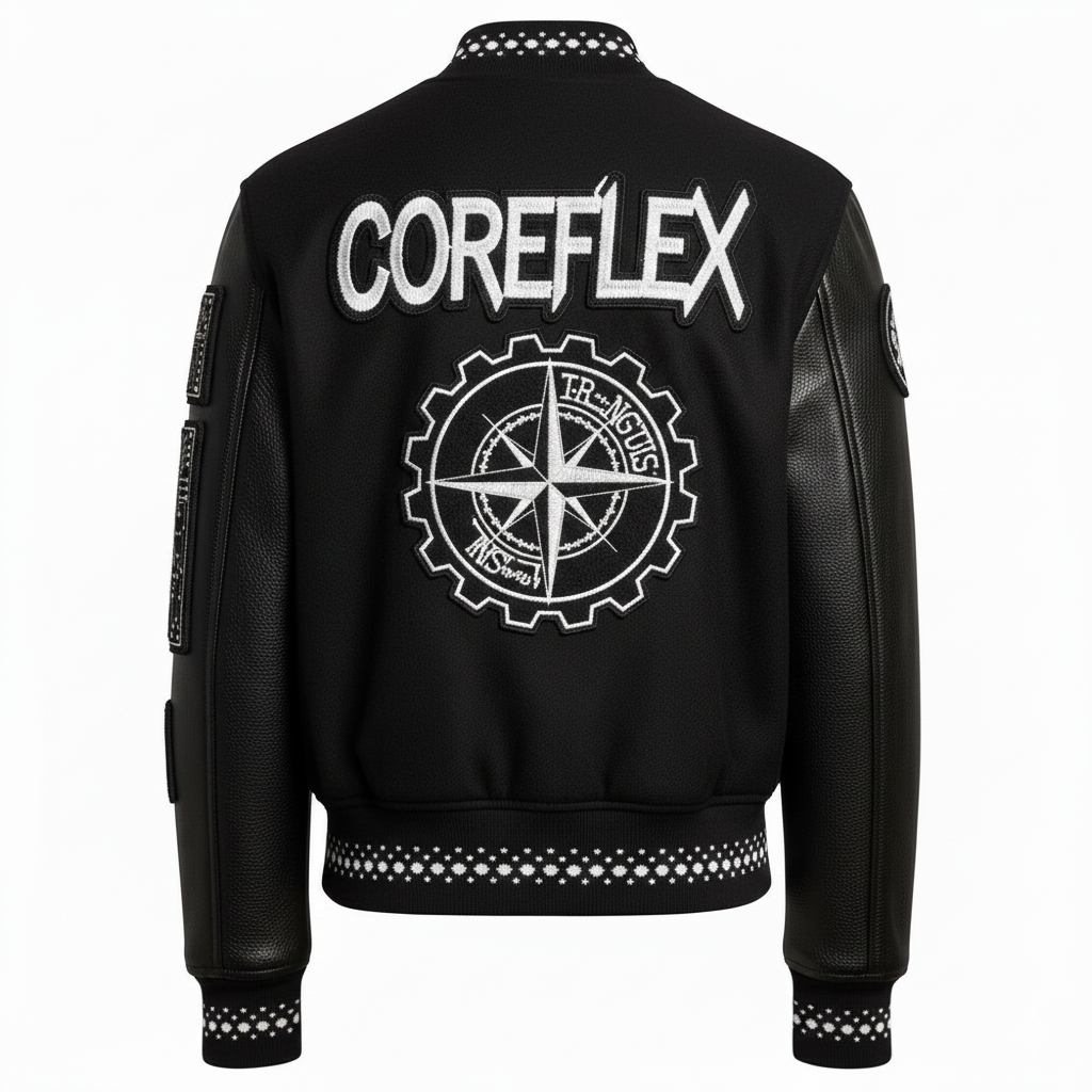 Black jacket with 'COREFLEX' branding on the back against a white background