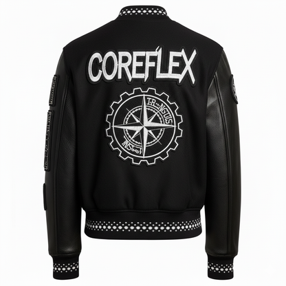 Black jacket with 'COREFLEX' branding on the back against a white background