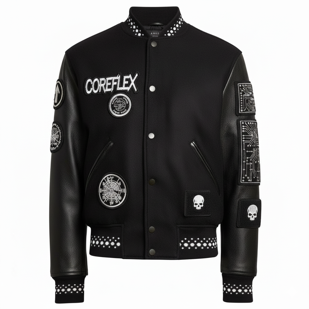 Black varsity jacket with various patches and branding on a white background