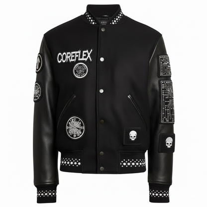 Black varsity jacket with various patches and branding on a white background