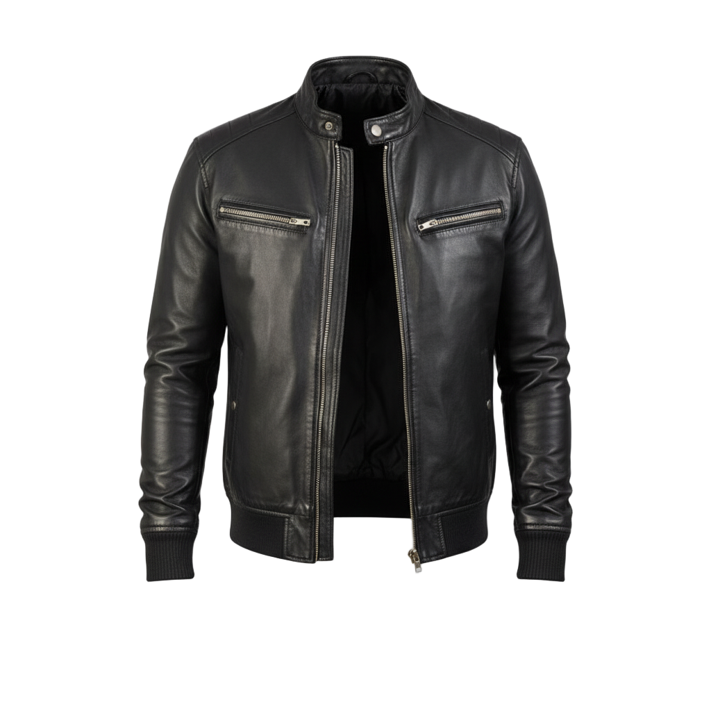 Black leather jacket on a light gray background