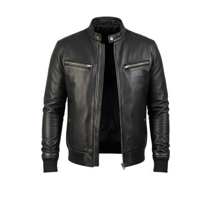 Black leather jacket on a light gray background